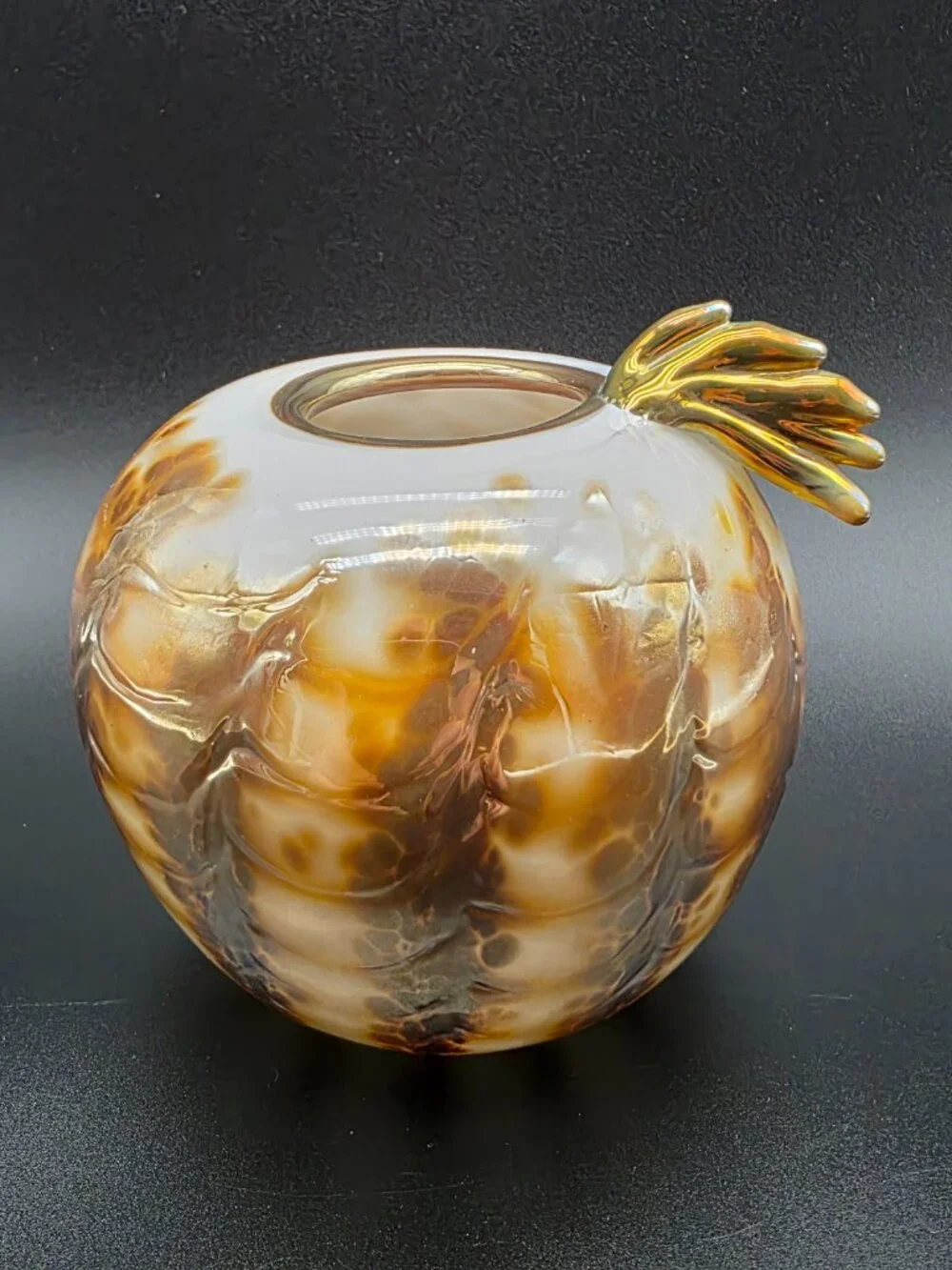 Whimsical Art Glass Vase handmade gold & cream Glass Signed Unique Asymmetrical